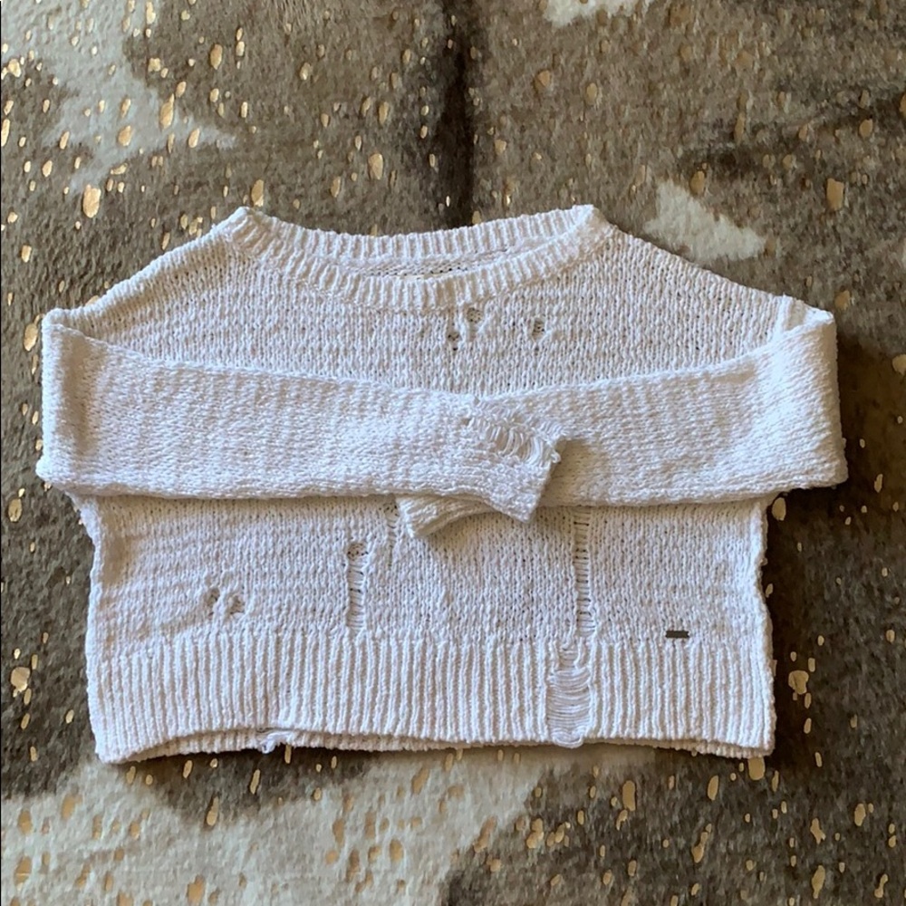 Cropped distressed white sweater